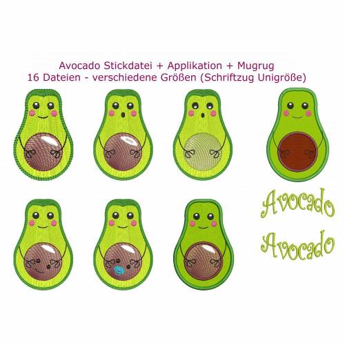 16 tlg. Stickdatei AVOCADO + Applikation + MugRug