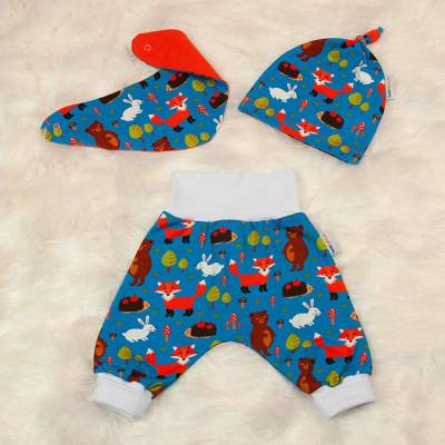 Baby Set Pumphose-Mütze-Tuch "Fuchs, Igel, Bär und Hase" Geschenk Geburt Gr. 56 Einzelstück SOFORTKAUF