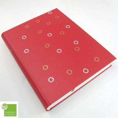 Notizbuch, groß 27 x 21 cm, hell-rot, silber gold Kreise geprägt, 333 Blatt Recyclingpapier blanko, Hardcover