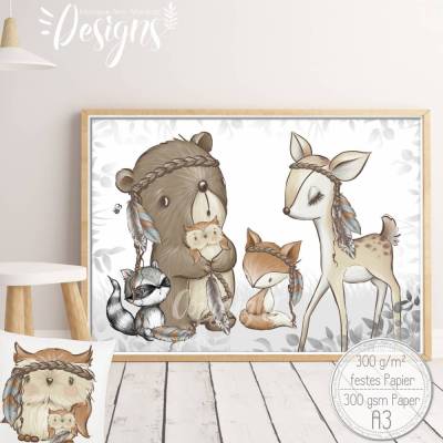 A3 Poster| Babyzimmer Kinderzimmer Bilder Waldtiere Tiere Kinderbild |SET 52
