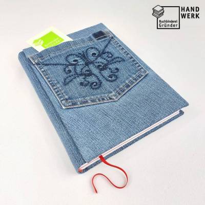 Notizbuch, Jeans Upcycling, rot blau, DIN A5, 300 Seiten, Recycling, Tagebuch