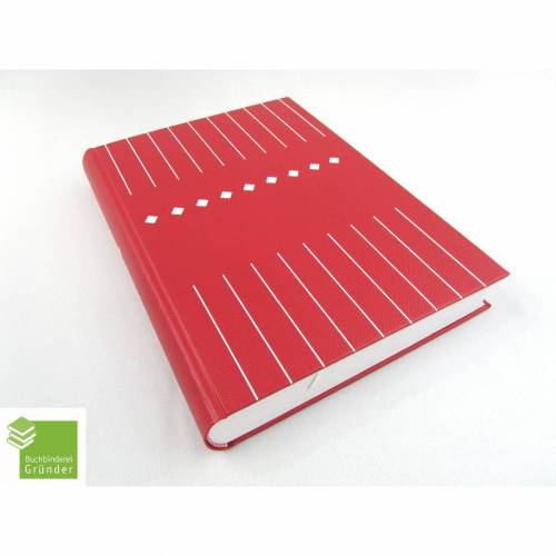 Hardcover Notizbuch, DIN A4, hell-rot, weiß Linien Karo geprägt, 333 Blatt Recyclingpapier blanko, handgefertigt, UNIKAT