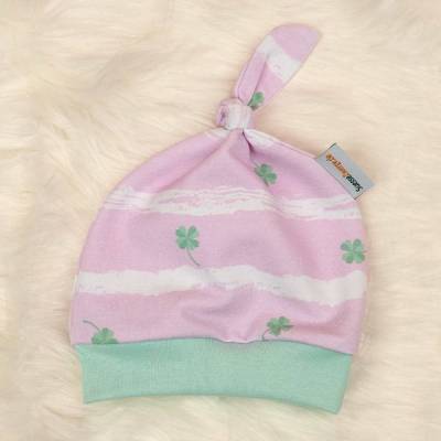 Baby Knotenmütze Zipfelmütze Kleeblätter "Lucky" Geschenk Geburt Glücksklee