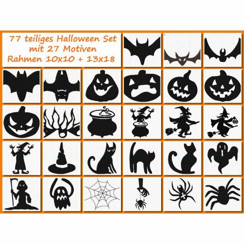 77 teiliges Halloween Stickdatei Set mit 27 Motiven in verschiedenen Größen