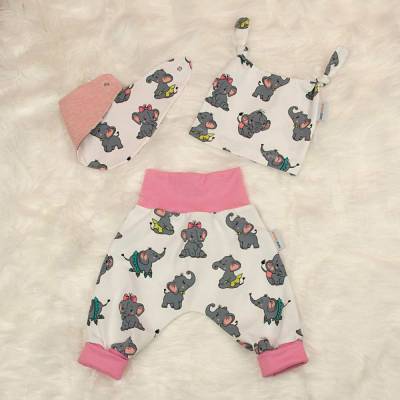 Baby Mädchen Set Pumphose-Mütze-Tuch "Elefanti" Jersey Öko-Tex Gr. 56 Geschenk Geburt SOFORTKAUF