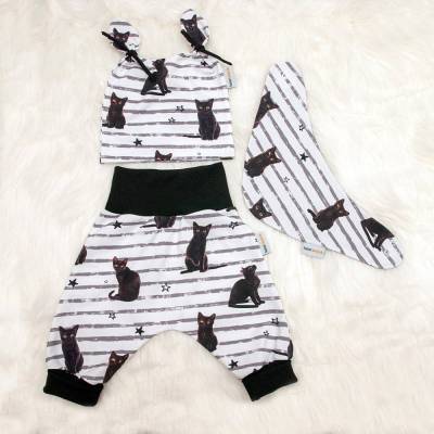 Baby Jungen Mädchen Unisex Katzen-Set Pumphose-Mütze-Tuch Geschenk Geburt "Black Cat Gr. 56 SOFORTKAUF