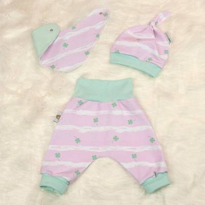 Baby Frühchen Mädchen Set Pumphose-Mütze-Tuch mit Kleeblätter "Lucky", ab Gr. 40 Geschenk Geburt