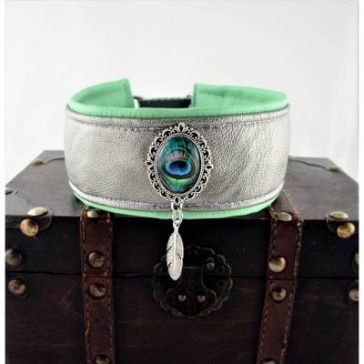 Windhundhalsband "Peacock" silber Hundehalsband Halsband Galgo Podenco Whippet Zugstopp oder Klickverschluss