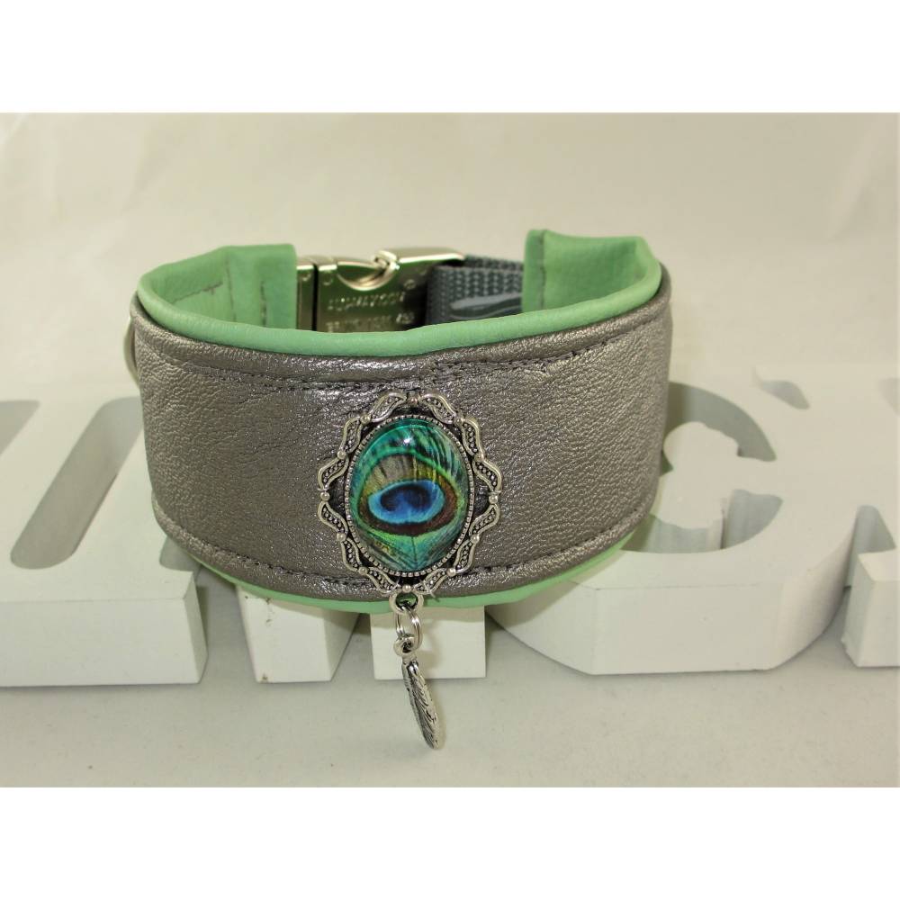 Windhundhalsband "Peacock" silber Hundehalsband Halsband Galgo Podenco  Whippet Zugstopp oder Klickverschluss