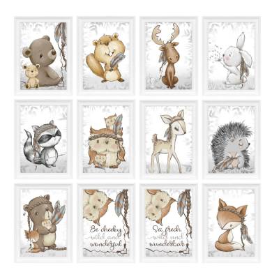 Babyzimmer Kinderzimmer Bilder (A4) Waldtiere Tiere Reh Fuchs Eule Kinderbild