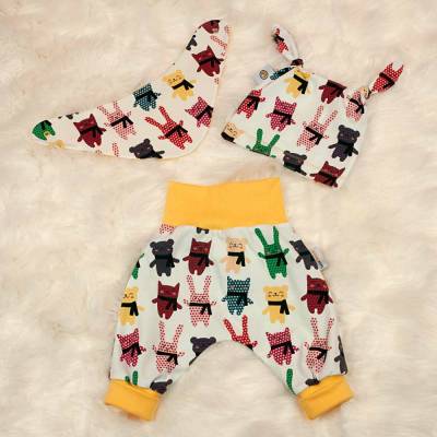 3tlg. Erstlings-Set Pumphose-Mütze-Tuch "Lustige Kuscheltiere" Geschenk Geburt Baby Frühchen