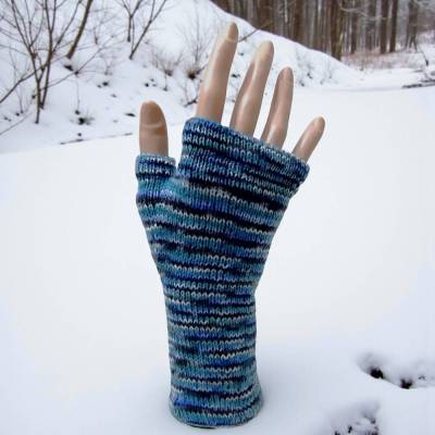 Fingerlose Handstulpen gestrickt, Armstulpen blau meliert