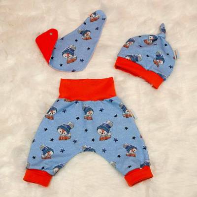 Baby Junge Pumphosen-Mütze-Tuch Set "Kleiner Fuchs & Sterne" Gr. 56 Einzelstück Geschenk Geburt SOFORTKAUF