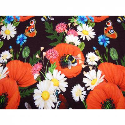 Mohnblumentraum Sweat – Kinderstoff mit Bienen, Hummeln, Schmetterlingen & Blumen – Kuschelweicher Bio-Sweat für Mädchen & Jungen, 150cm breit