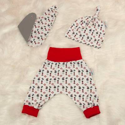 Baby Jungen Mädchen Set Pumphose-Mütze-Tuch "Maritim" Anker, Segelboot, Leuchtturm Gr. 56 Geschenk Geburt