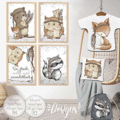 A3 Poster | Babyzimmer Kinderzimmer Bilder Waldtiere Tiere Reh Fuchs Eule Kinderbild |SET 52