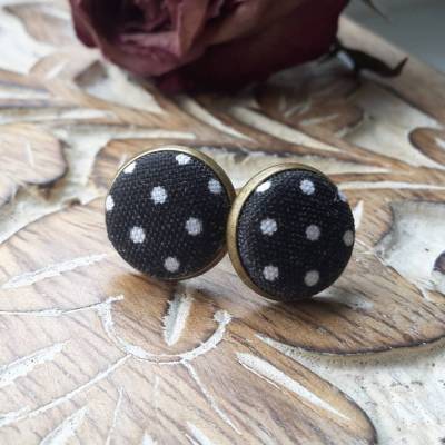 Ohrringe mit Stoff Cabochonschmuck verschiedene Fassungen 12mm schwarz mit weißen Punkten