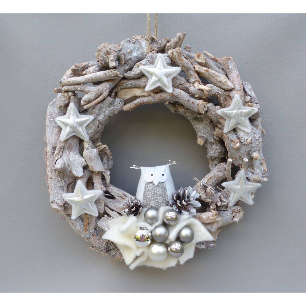 Winterkranz, Winter-Türkranz Treibholz, Deko-Kranz, Adventskranz mit Stoff-Eule Bild 1