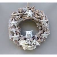 Winterkranz, Winter-Türkranz Treibholz, Deko-Kranz, Adventskranz mit Stoff-Eule