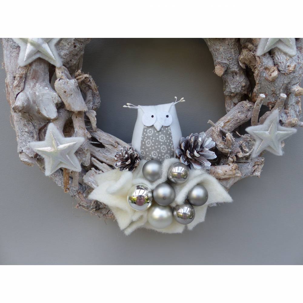 Winterkranz, Winter-Türkranz Treibholz, Deko-Kranz, Adventskranz mit Stoff-Eule Bild 2