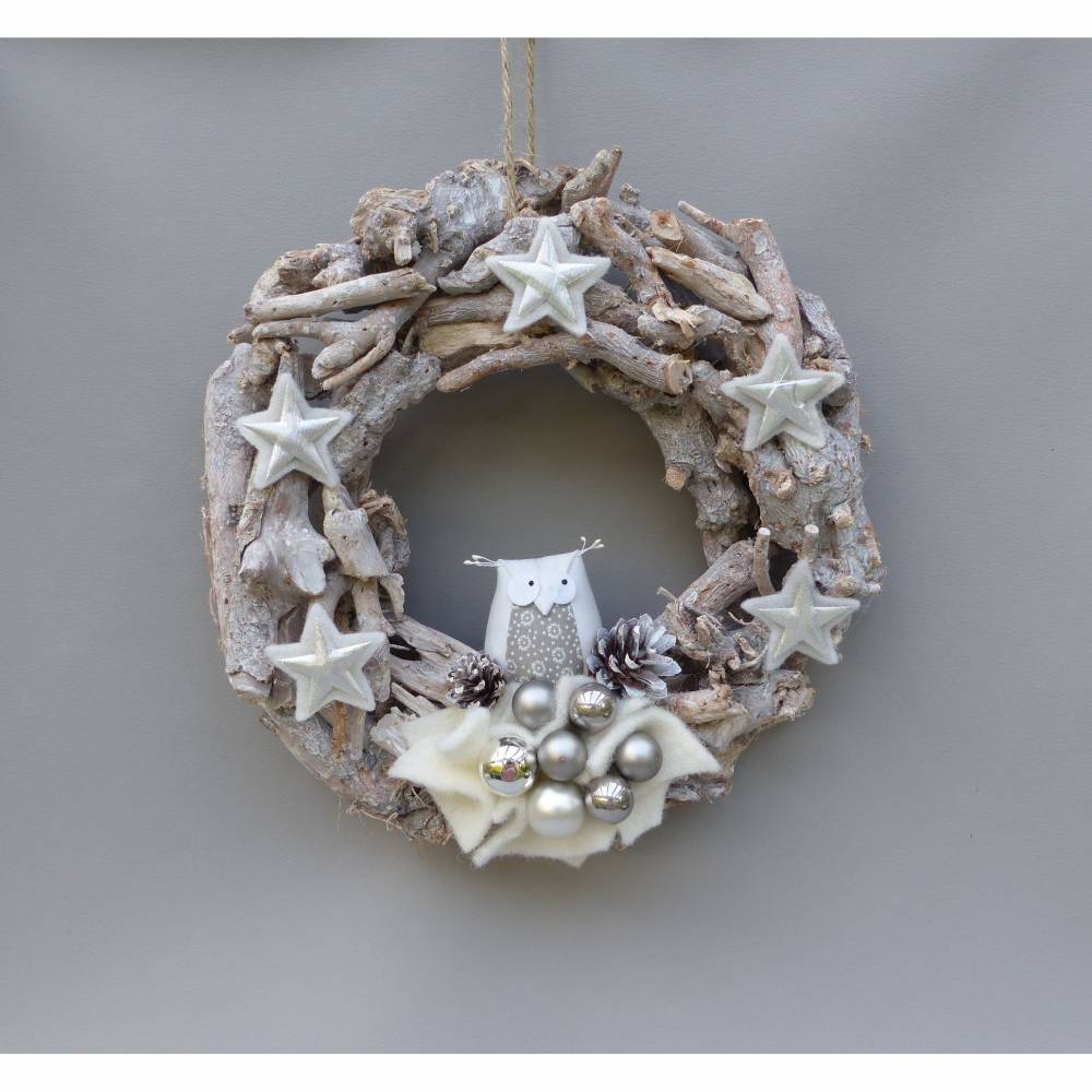 Winterkranz, Winter-Türkranz Treibholz, Deko-Kranz, Adventskranz mit Stoff-Eule Bild 4