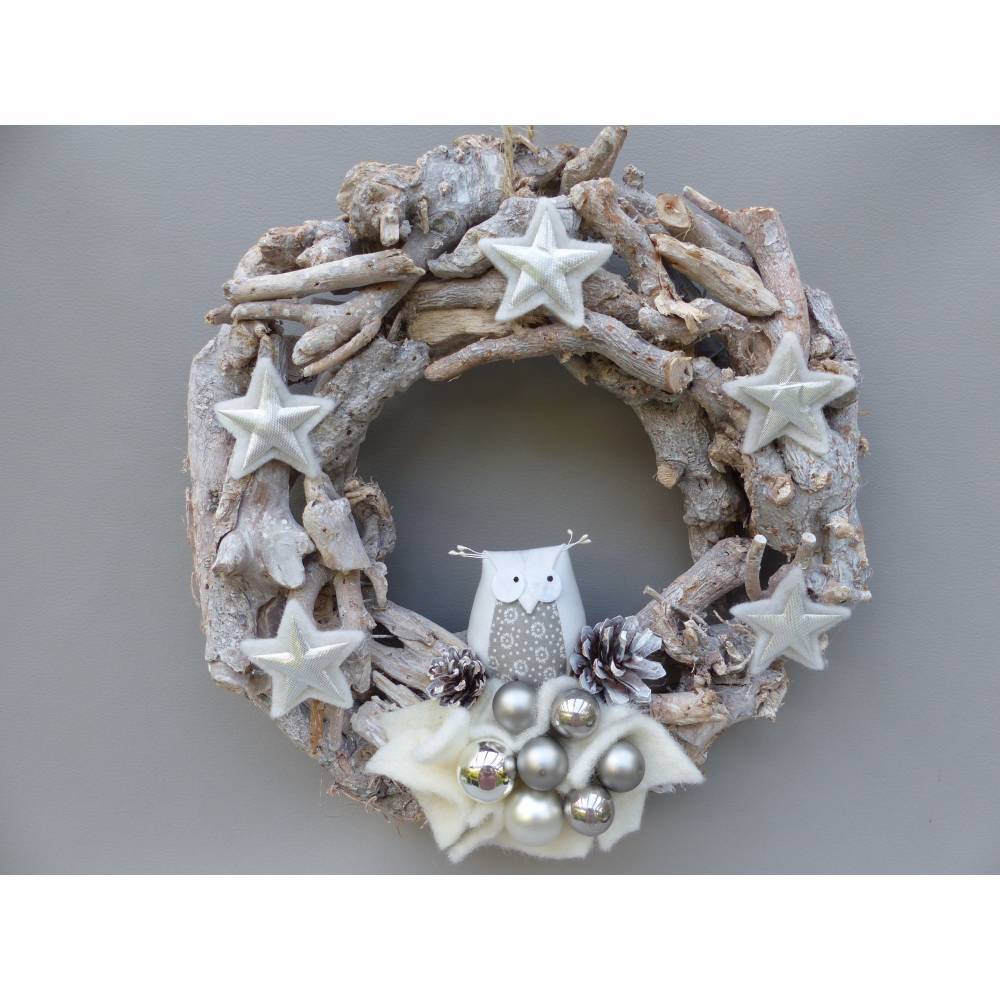 Winterkranz, Winter-Türkranz Treibholz, Deko-Kranz, Adventskranz mit Stoff-Eule Bild 5