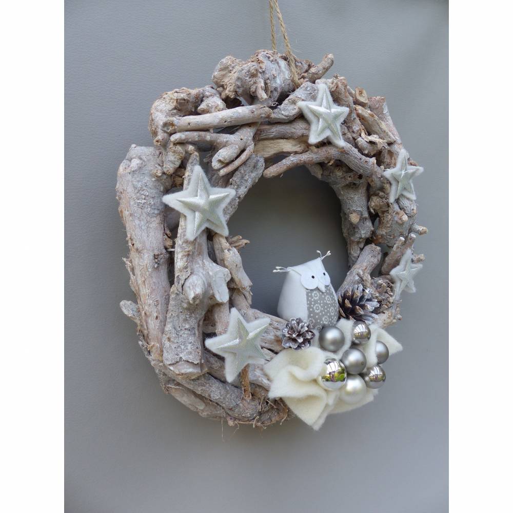 Winterkranz, Winter-Türkranz Treibholz, Deko-Kranz, Adventskranz mit Stoff-Eule Bild 6