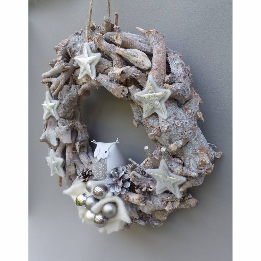 Winterkranz, Winter-Türkranz Treibholz, Deko-Kranz, Adventskranz mit Stoff-Eule Bild 7