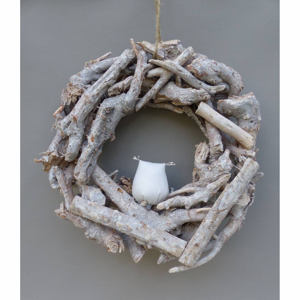 Winterkranz, Winter-Türkranz Treibholz, Deko-Kranz, Adventskranz mit Stoff-Eule Bild 8