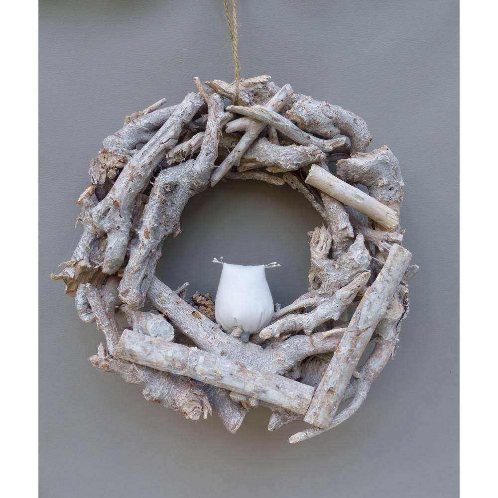 Winterkranz, Winter-Türkranz Treibholz, Deko-Kranz, Adventskranz mit Stoff-Eule Bild 9