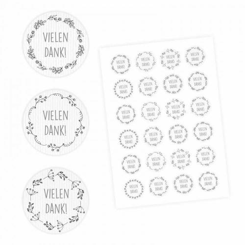 24 Vielen Dank! Aufkleber - Floral weiß - rund 4 cm Ø - Dankeaufkleber Sticker Hochzeit Gastgeschenk