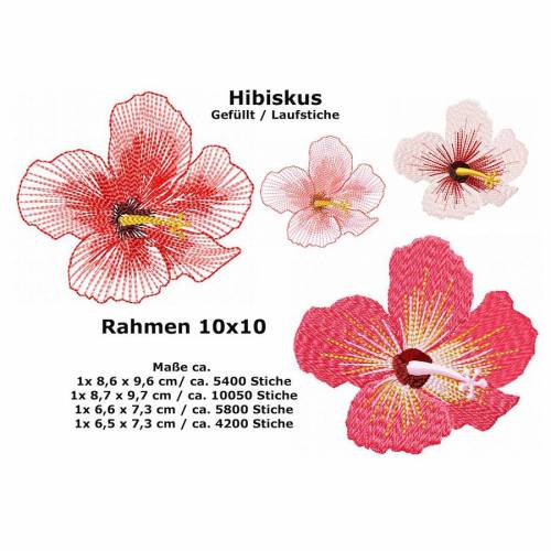 Stickdatei Hibiskus Blüte Blume 4tlg. in 2 verschiedene Varianten Rahmen 10x10