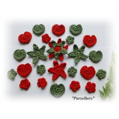 24- teiliges Häkelset - Streudeko - Tischdeko Weihnachten - Häkelherzen - Sterne - Streublümchen - Adventskalender - Häkelapplikationen 