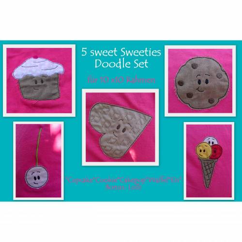 5 Sweet Sweeties (+Bonus) Doodle Applikationen Stickdatei Cupcake Lolli Waffel Eis Keks
