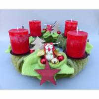 Adventskranz aus Filz mit Eulen in Rot-Grün