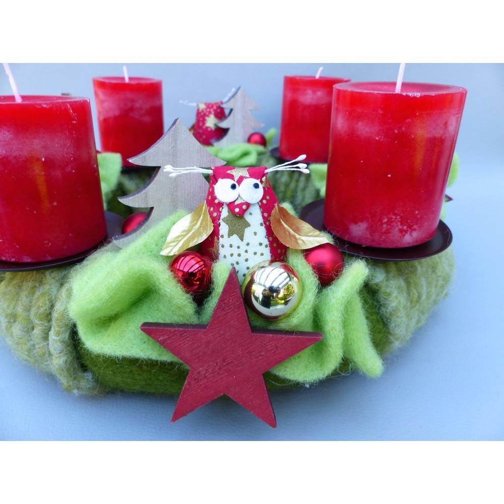 Adventskranz aus Filz mit Eulen in Rot-Grün Bild 10