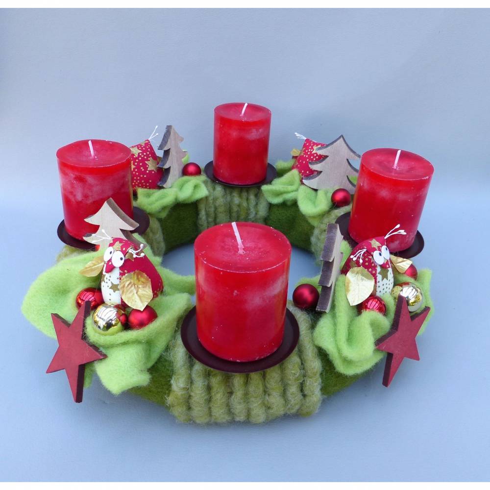 Adventskranz aus Filz mit Eulen in Rot-Grün Bild 2