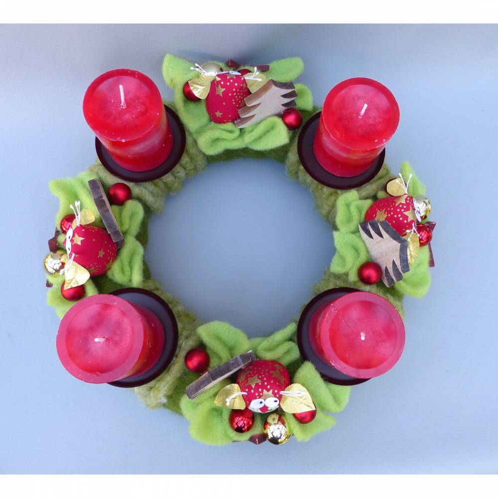 Adventskranz aus Filz mit Eulen in Rot-Grün Bild 5