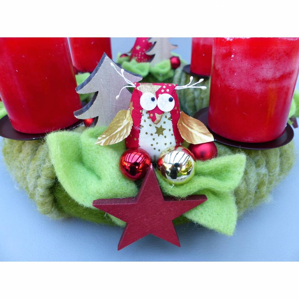 Adventskranz aus Filz mit Eulen in Rot-Grün Bild 7