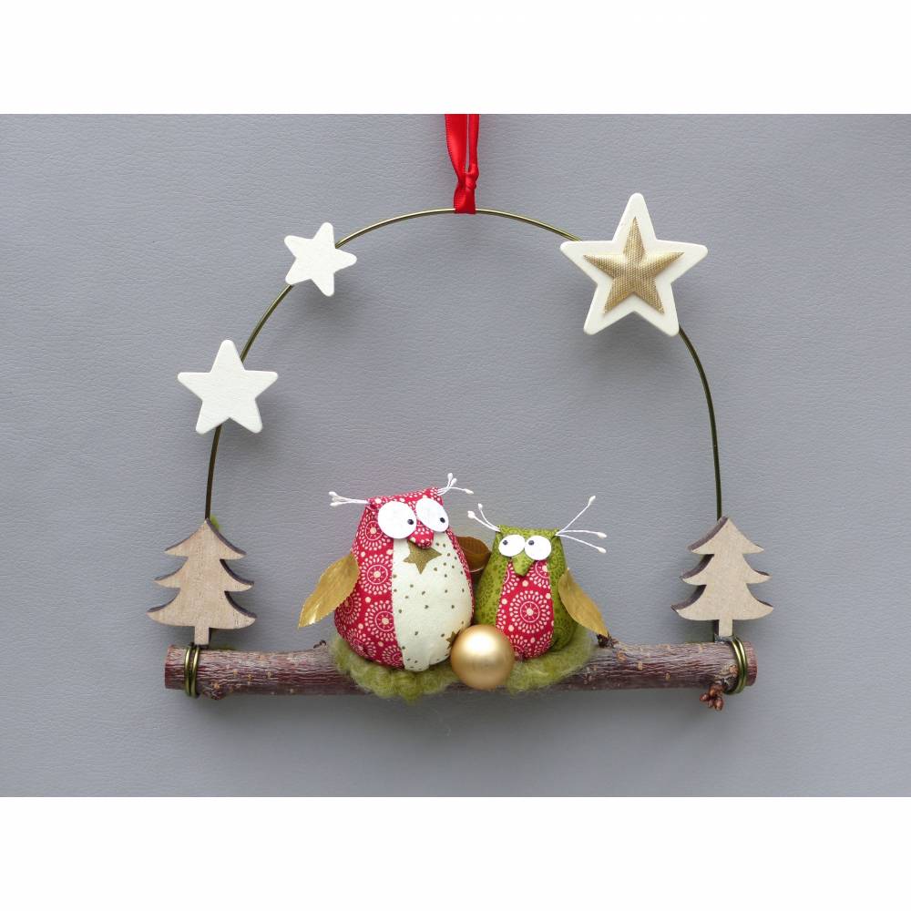 Türkranz* mit Eulen-Paar auf Ast, Weihnachts-Fensterdeko für den Advent Bild 1