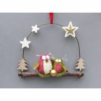 Türkranz* mit Eulen-Paar auf Ast, Weihnachts-Fensterdeko für den Advent
