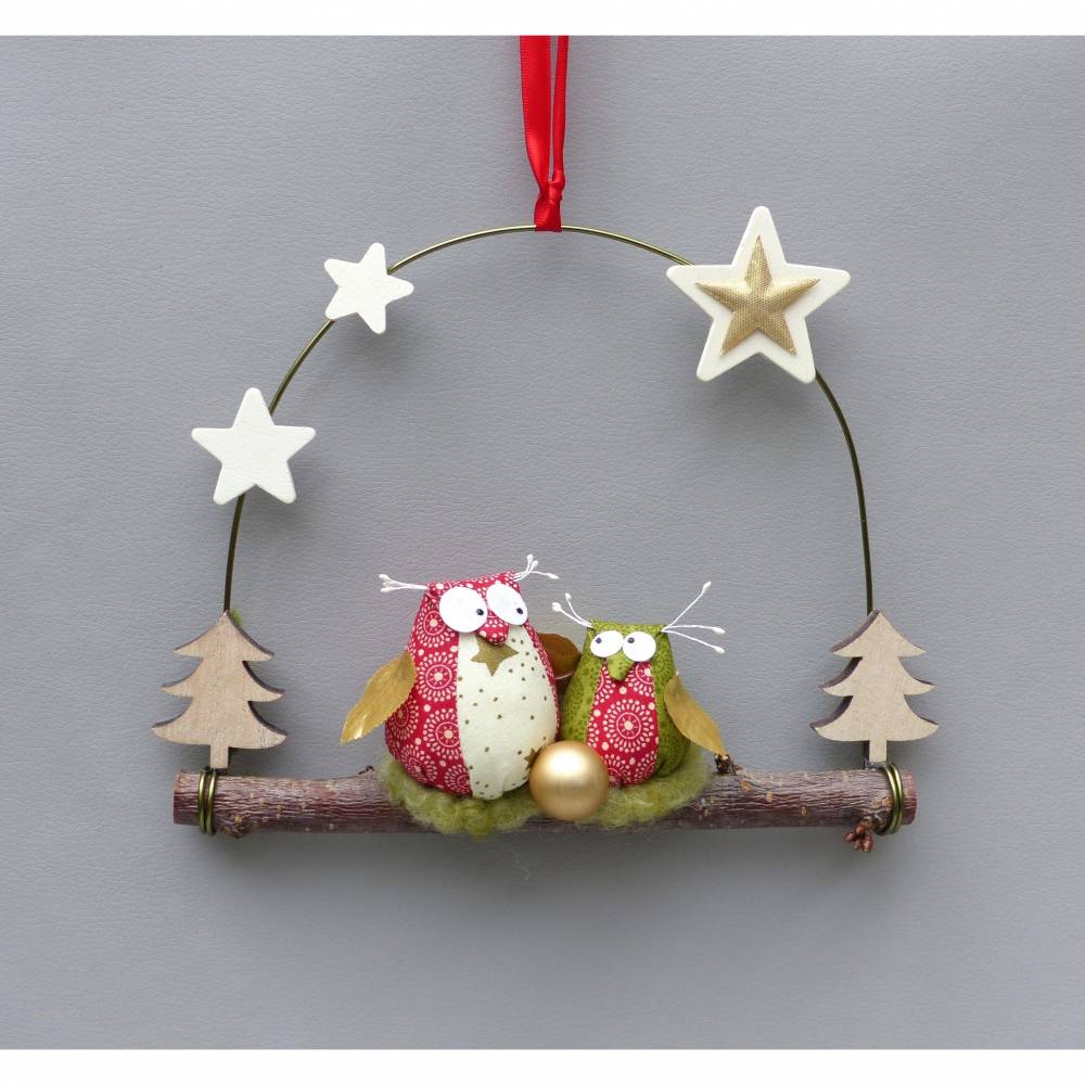 Türkranz* mit Eulen-Paar auf Ast, Weihnachts-Fensterdeko für den Advent Bild 2