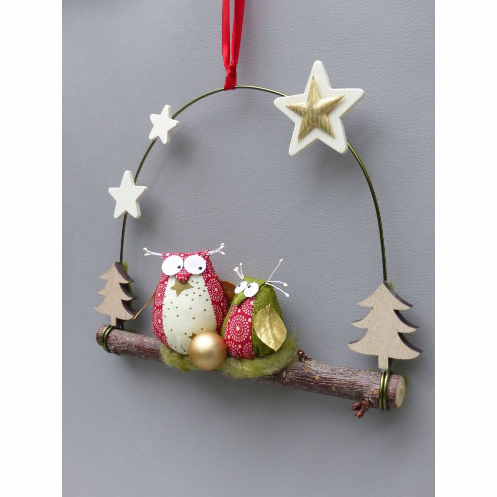 Türkranz* mit Eulen-Paar auf Ast, Weihnachts-Fensterdeko für den Advent Bild 5