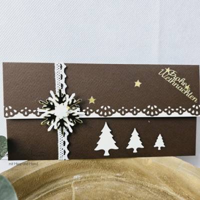 Gutschein- oder Geldgeschenkverpackung zu Weihnachten - Braun-Weiß-Gold mit Christbäumen