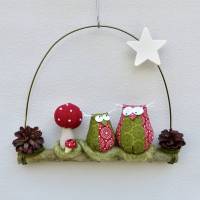 Türkranz* mit Eulen-Paar mit Fliegenpilz auf Ast, Herbst-Fensterdeko