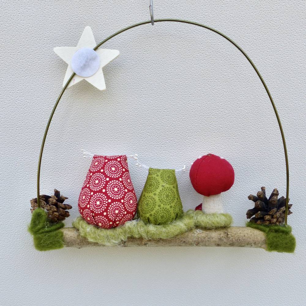 Türkranz* mit Eulen-Paar mit Fliegenpilz auf Ast, Herbst-Fensterdeko Bild 6