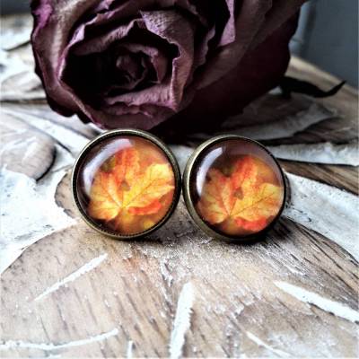 Herbstblatt mit Herz Ohrringe Ring Cabochonschmuck verschiedene Fassungen