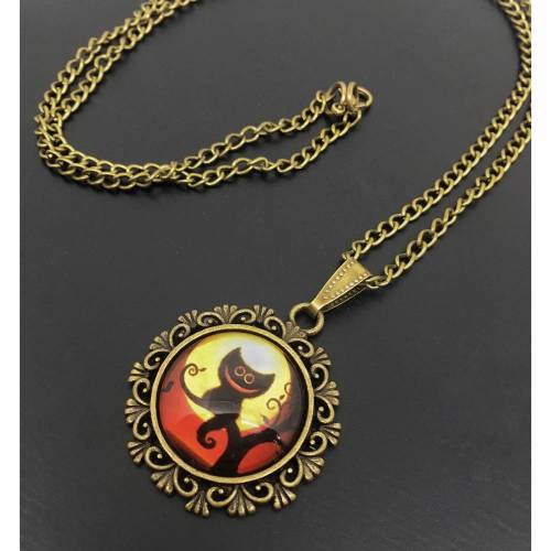 Glas Cabochon Kette mit Anhänger „grinsende Katze“