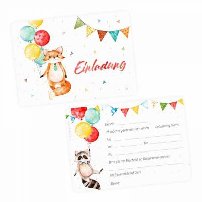 10 Einladungskarten Fuchs Waschbär Luftballon inkl. 10 Transparenten Briefumschlägen Kinder Geburtstag Mädc