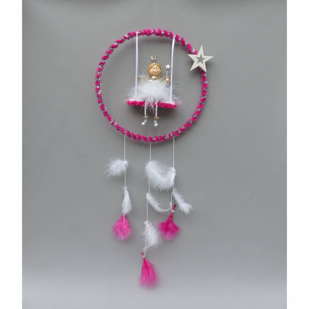 Kinderzimmer-Deko Mobile-"Traumfänger" mit Fee/ Elfe und Feder in Pink und Glitzer Bild 1